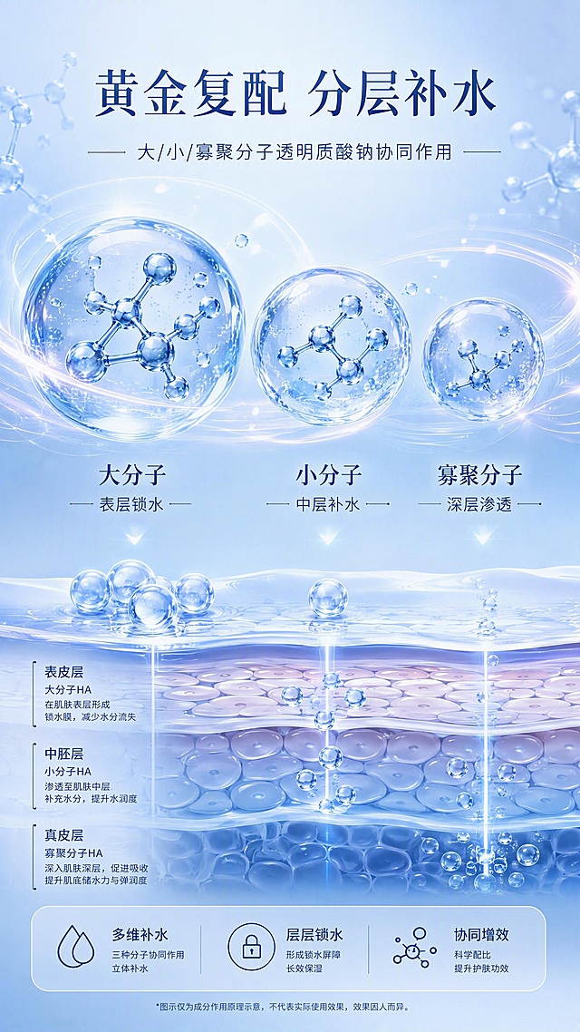 [第3张] 详情页成分机理专页——透明质酸钠黄金复配技术示意。本张为成分机理说明页，不垫产品图。
[氛围/风格] 科研感 + 医疗专业风，淡蓝色科技氛围，3D分子结构视觉，高级精致。
[元素布局] 画面中央为三组不同大小的透明质酸分子球体3D模型，从大到小排列，代表大分子、小分子、寡聚分子；分子球体半透明蓝色，内部有分子链结构；周围环绕水分子光点和流动的能量线条；底部有皮肤层剖面示意，显示不同分子渗透到不同皮肤层；画面元素丰富，核心分子元素占画面50%以上。
[光影质感] 中心发光效果，分子球体有通透折射感，边缘柔和光晕，整体科技感光影。
[配色色系] 全局底色 #DCEEFF 到 #F0F8FF 淡蓝渐变；主色深浅不同的蓝色系；辅助色白色高光 + 浅紫光晕；文字深蓝。
[视角构图] 居中对称构图，分子群为视觉中心，阅读动线：顶部标题 → 中部分子示意 → 底部三层渗透说明。
[文字版式] 顶部居中大标题「黄金复配 分层补水」，副标题「大/小/寡聚分子透明质酸钠协同作用」；
中部三个分子球体下方分别标注：
「大分子 表层锁水」
「小分子 中层补水」
「寡聚分子 深层渗透」；
底部皮肤层示意旁配简短说明文字；整体版式对称平衡，字号适中清晰。
[比例分辨率] 9:16 竖版比例，4K分辨率，文字清晰可辨，高清画质。
[负向提示词] 文字错乱，文字过小，水印，画面模糊，颜色偏差，元素杂乱。