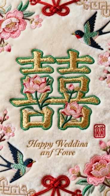 一幅喜气洋洋的婚庆主题刺绣，以米白色绒面为底，运用华丽的打籽绣技法。色彩选用明媚的胭脂红、灿烂的流金与清新的翠绿，点缀柔美的樱花粉。画面中心是灵动秀雅的"喜"字，采用双色金线绣制，字内暗绣并蒂莲纹，边预览效果