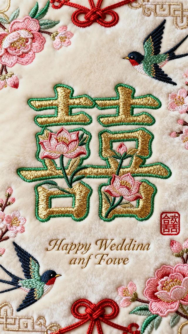刺绣风工笔细腻，双喜浮雕立体，金线勾勒喜庆感，燕语花香间透出中式复古韵味，大字风与红绳结交织，尽显婚礼祥瑞。