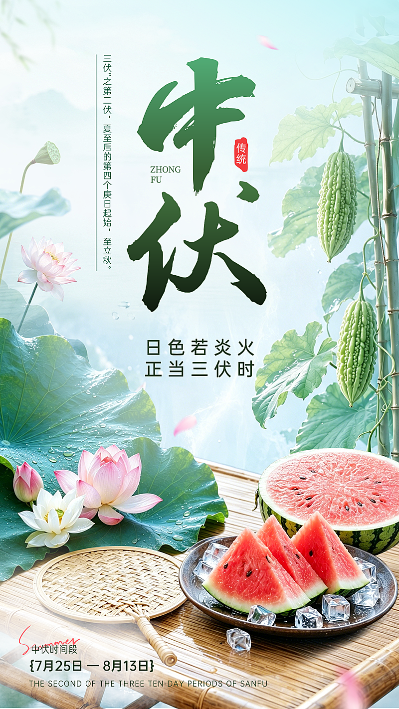 中伏三伏天问候祝福宣传清新感竖版海报