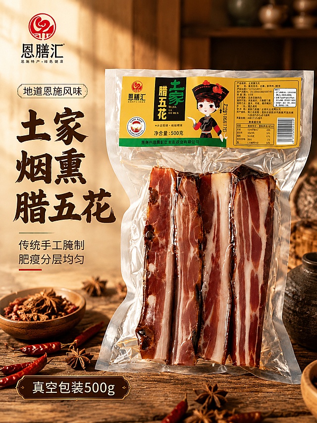 [第1屏] 详情页头图-土家腊五花腊肉产品海报。本屏使用产品图作为主体
[氛围/风格] 地道农家特产风，浓郁食欲感，商业食品摄影质感
[元素布局] 真空包装腊五花产品居中放置，占比约70%，左侧预留主标题区域，背景为做旧实木桌面，搭配干辣椒、八角等香料点缀，保持产品外观、包装文字、颜色与输入产品图一致，杜绝变形色差，精细化处理
[光影质感] 左侧暖自然光照射，产品表面形成自然高光，凸显腊肉油润光泽，阴影柔和，层次分明，整体通透不灰暗
[配色色系] 全局底色#f5f0e6；主色原木棕，辅助色深棕文字，红色香料点缀
[视角构图] 平视正面视角，产品居中，视觉焦点清晰，阅读动线左上标题->中间产品->底部信息
[文字版式] 左文右图版式，主标题「地道恩施风味」「土家烟熏腊五花」深棕色书法粗体，字色统一为深棕，不换字体；副标题「传统手工腌制 肥瘦分层均匀」；底部信息条标注「真空包装500g」，文字不遮挡产品主体，排版清晰，手机端可读
[比例分辨率] 3:4竖版比例，4K分辨率，文字清晰可辨，高清画质
[负向提示词] 变形，水印，文字错乱，文字过小，缺件错件，结构错误，颜色偏差，包装文字错乱，产品图模糊，背景杂乱，违规词