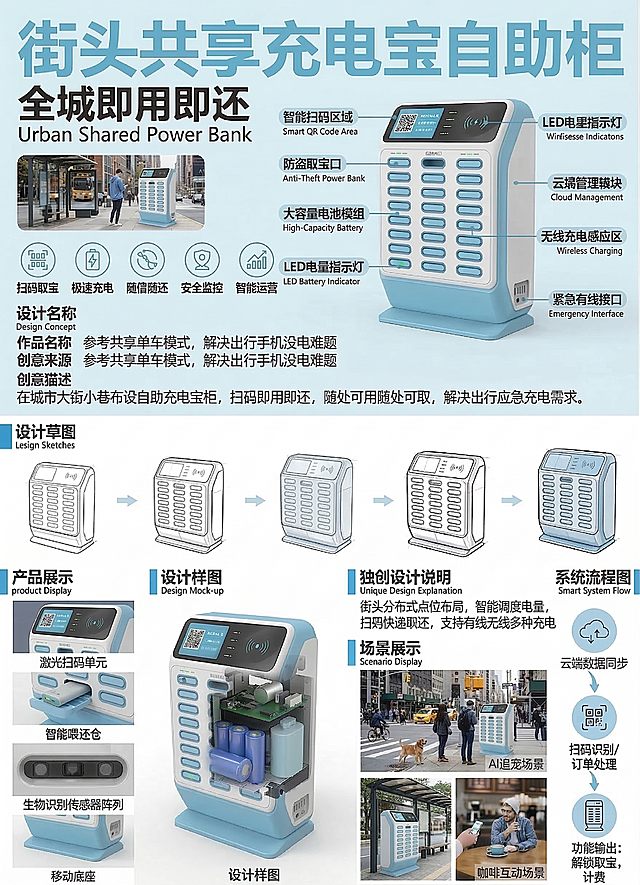 在现有海报基础上，将产品展示、设计样图、场景展示板块中的蓝色圆球机器人替换为街头共享充电宝自助柜，保留原海报的排版结构、文字内容和整体风格不变，图片清晰，蓝色科技风格不变