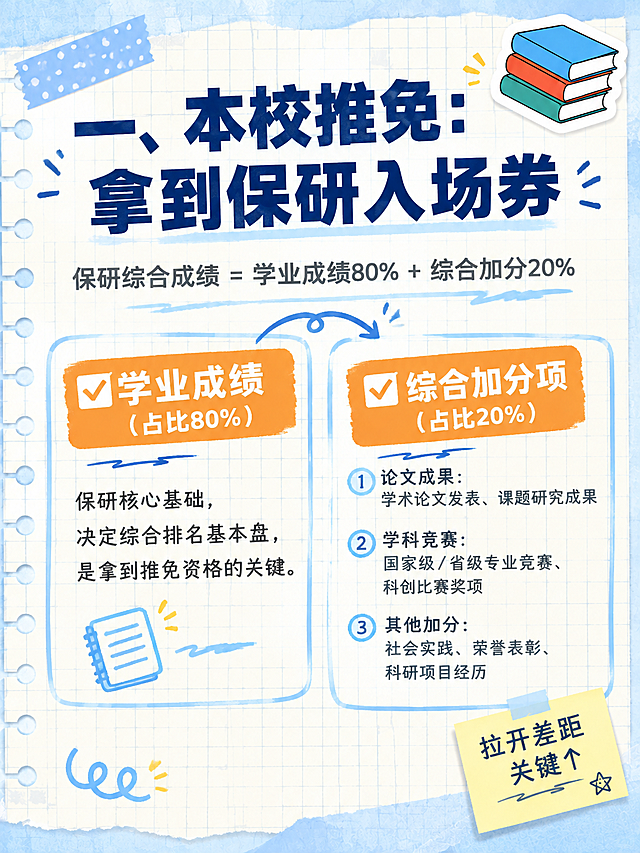 小红书笔记内容页，手账拼贴学习风，与参考封面风格保持一致：浅蓝+米白笔记纸网格纹理背景，左侧活页孔，蓝色胶带贴纸点缀，便签、手绘箭头、线圈元素，整体清爽学习干货感，版式精美，小红书笔记内页质感，信息层级清晰，适合竖屏阅读。画面顶部标题区：深蓝色粗黑体大标题「一、本校推免：拿到保研入场券」，下方灰色小字副标题「保研综合成绩 = 学业成绩80% + 综合加分20%」。主体内容分左右两大板块清晰排版：左侧板块：上方橙色色块底白字粗体标题「✅ 学业成绩（占比80%）」，下方黑色正文小字：「保研核心基础，决定综合排名基本盘，是拿到推免资格的关键。」右侧板块：上方橙色色块底白字粗体标题「✅ 综合加分项（占比20%）」，下方分三小点黑色正文小字：「1. 论文成果：学术论文发表、课题研究成果
2. 学科竞赛：国家级/省级专业竞赛、科创比赛奖项
3. 其他加分：社会实践、荣誉表彰、科研项目经历」。装饰元素：左上角蓝色波点胶带贴纸，右下角黄色便签写着「拉开差距关键↑」，手绘蓝色箭头连接两个板块，右上角小书本emoji贴纸，便签纸、线圈、手绘下划线等手账元素点缀，元素克制不抢正文。整体氛围：学习干货、条理清晰、笔记感强。画质：高清细腻，文字清晰可读，所有文字完整处于安全区内不可裁切，四周留安全边距。画面比例 3:4，4K。图生图：参考【图1】的整体视觉风格、配色体系、手账元素语言和背景质感，内容替换为本次内页文案，保持系列统一感。