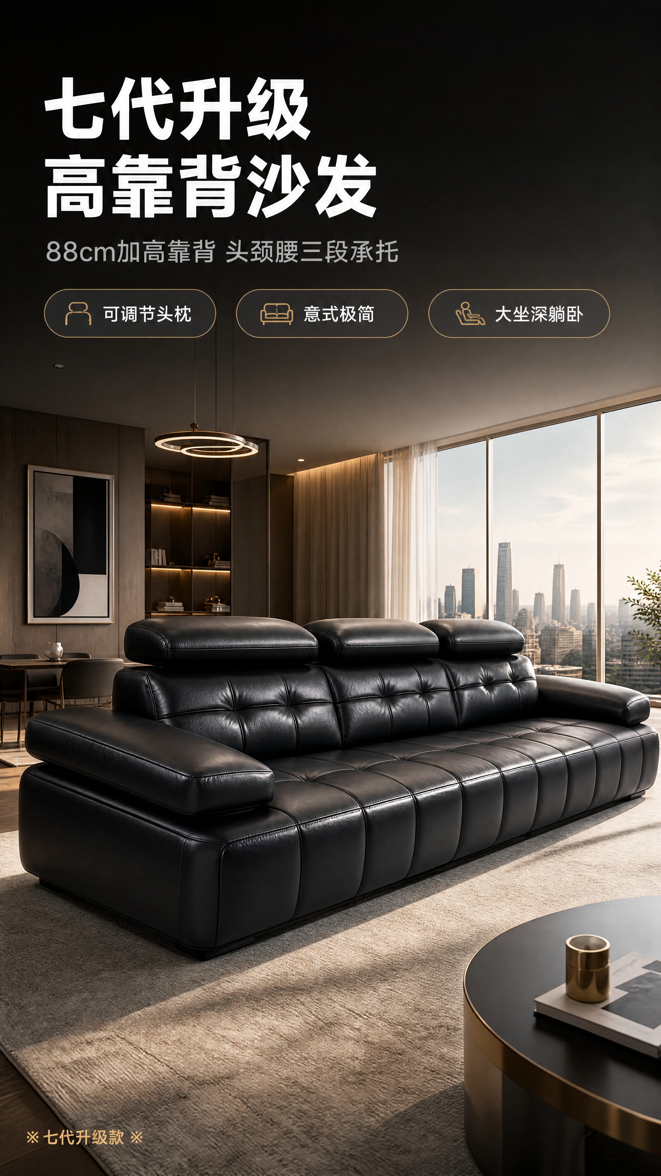 [商品] 使用【图1】黑色七代升级高靠背真皮沙发；保留88cm… - 图片创意预览