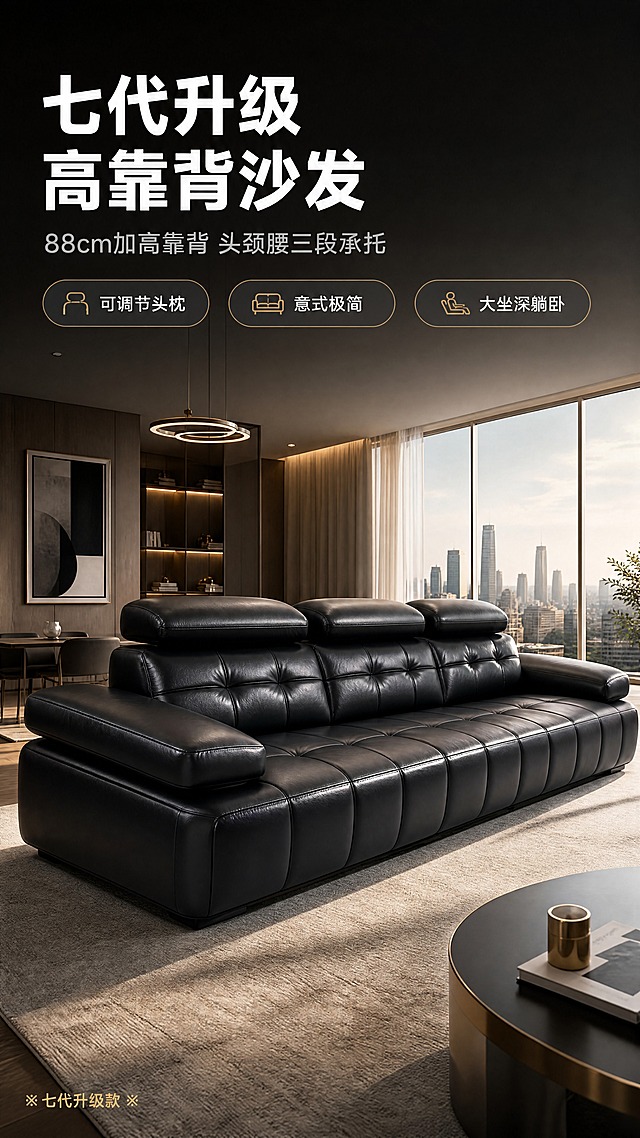 [商品] 使用【图1】黑色七代升级高靠背真皮沙发；保留88cm加高靠背、可调节头枕、方格方块立体车缝工艺、100cm大坐深、宽扶手、黑色真皮材质、整体结构比例与缝线细节；增强皮革光泽与车缝立体感，不改变产品结构和颜色。
[画面] 目标：头图海报，建立意式极简高级调性与大平层客厅场景。构图：上文下景，顶部约1/4留白文案区，下方3/4为现代大平层客厅全景；沙发居中偏右45°视角摆放，占画面约55%；前景浅灰色地毯+金属边几，中景沙发主体，后景落地窗+城市天际线+简约吊灯，左侧留阅读动线；暖调午后自然光从右侧落地窗洒入，营造慵懒高级居家氛围。
[视觉] 套系策略：风格=意式极简高级商业摄影；标题字=现代无衬线粗黑体；正文字=简洁无衬线体；主色=高级黑+深灰；背景延展=基于深灰/炭黑做深浅层级渐变与哑光质感；强调色=暖金色，仅用于小面积图标、引线和标签；标题色=纯白色；正文色=浅暖灰；组件=细线引线、圆角深色信息卡、极简icon；光影=右侧暖调自然光+柔和补光，皮革高光自然。
[文字] 顶部文案区：主标题"七代升级 高靠背沙发"（大字号白色粗体），副标题"88cm加高靠背 头颈腰三段承托"（中号浅灰），下方3条亮点胶囊："可调节头枕""意式极简""大坐深躺卧"；左下角标注"※七代升级款※"；文字不遮挡沙发主体与头枕靠背。
[规格] 图片比例9:16竖版，4K，避免变形、错字、文字过小、冷蓝背景、产品颜色改变、结构失真、极限词。