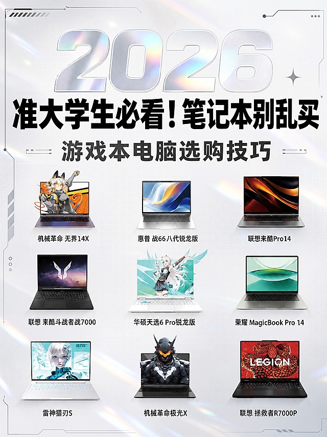小红书笔记大字封面，配图大字，杂志海报科技风，黑白浅色高级配色，带科技感与轻微镭射光泽，版式精美，小红书笔记封面质感，适合信息流点击。版式骨架、分区比例、构图节奏与参考图保持一致（相似度约70%），配色与风格替换为本次要求。主标题必须完整呈现且为画面视觉中心，逐字锁定：「2026 准大学生必看！笔记本别乱买」。副标题：「游戏本电脑选购技巧」。背景：浅灰白渐变底色，带极淡的科技感网格与细微镭射虹彩光泽，整体黑白浅色高级感，不使用鲜艳彩色。标题排版：扁平超粗黑体，主标题黑色为主，数字「2026」带轻微镭射银彩光泽，副标题深灰色，层级分明，字体全部为简体中文。配图：严格保留【图1】中9款笔记本电脑产品的外形、颜色、材质与排列布局不变，产品颜色不得改变，仅将背景与文字风格替换为本次科技黑白浅色风格。装饰：少量科技感细线、几何光点与极淡镭射光斑点缀，位置克制不抢主标题；emoji贴纸0~1个，不与主标题逐字混排。整体氛围：高级、科技、极简、理性种草，黑白浅色为主，带一点点镭射精致感。画质：高清细腻，信息层级清晰，主标题与背景强对比，文字完整处于安全区内不可裁切，四周留安全边距。画面比例3:4，4K。图生图：严格使用用户上传图片，【图1】= 版式与产品参考图，保留9款笔记本电脑的外形、颜色、材质与相对位置，替换背景配色与文字风格。