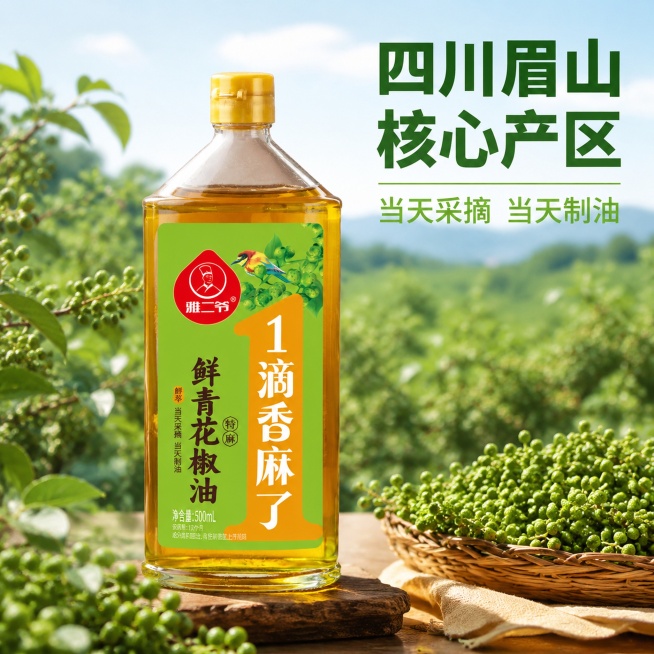 [主图-2] 鲜青花椒油四川眉山产地溯源主图。
[氛围风格] 新鲜自然产地氛围，真实可信品质感。
[画质] 商业摄影质感、光线柔和通透、产品清晰真实、画面干净高级。
[元素] 前景放置雅二爷鲜青花椒油预览效果