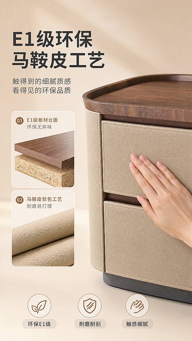 [商品] 使用【图1】DL-8819床头柜；保留双抽屉结构、马鞍皮浅卡其软包柜体、胡桃木色台面、碳素钢深灰底架、圆角矩形轮廓、抽屉横向分割线与缝线细节；真实功能方向为卧室床边收纳。
[画面] 目标：材质工艺证明，特写展示台面E1级板材与马鞍皮工艺质感。左文右图构图，左侧约2/5文案与材质微距区，右侧约3/5产品台面与柜体侧面特写；一只亚洲女性手部轻轻抚摸柜体马鞍皮表面，展示触感；产品占画面约55%；背景为浅米色纯色背景加柔和光影；底部放3个icon标签。
[视觉] 套系策略：风格=现代轻奢亮色调商业摄影；标题字=现代无衬线粗体；正文字=简洁无衬线体；主色=暖米杏；背景延展=基于暖米杏做深浅层级、同色渐变和细腻墙漆/织物质感；强调色=胡桃木棕，仅用于小面积图标、引线和标签；标题色=深炭灰；正文色=中暖灰；组件=圆角浅底信息卡、细线引线、胶囊形卖点框；光影=左前侧暖柔光，自然窗光氛围。
[文字] 左侧主标题「E1级环保 马鞍皮工艺」，副标题「触得到的细腻质感 看得见的环保品质」；下方两条卖点「E1级板材台面 环保无异味」「马鞍皮软包工艺 耐磨易打理」；底部3个icon标签分别为「环保E1级」「耐磨耐刮」「触感细腻」；文字不遮挡产品主体与手部。
[规格] 图片比例9:16竖版，4K分辨率，负向提示：避免变形、错字、文字过小、冷蓝/蓝灰背景、产品颜色改变、结构失真、缺件错件、极限词、欧美面孔。