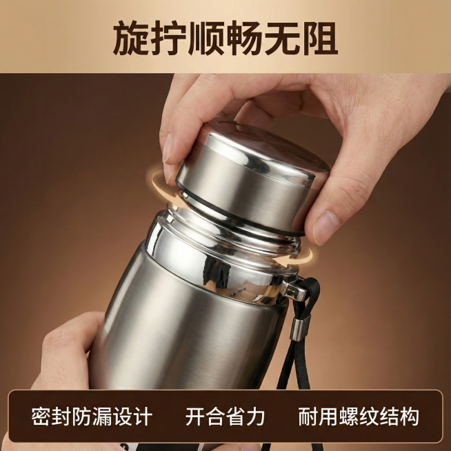 这张图片是产品主体这款产品是真空吊带壶  我需要设计20张主图在拼多多上面售卖   等背景元素 整体色调暖色，显得高级一些  主图文案内容 长效保温保冷 多种容量 不锈钢材质  圆润杯口 喝水更舒适预览效果