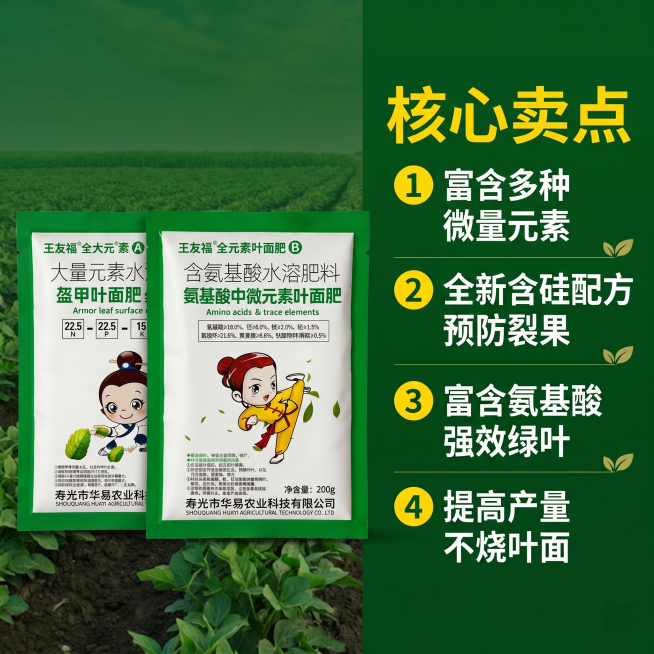 [主图 2] 王友福全元素叶面肥AB肥核心卖点展示
[氛围风格] 参考图一拼多多农资推广风格，信息清晰直观，农业自然风格
[画质] 商业摄影质感、光线明亮通透、产品清晰真实、画面干净高级
[元素] 王预览效果