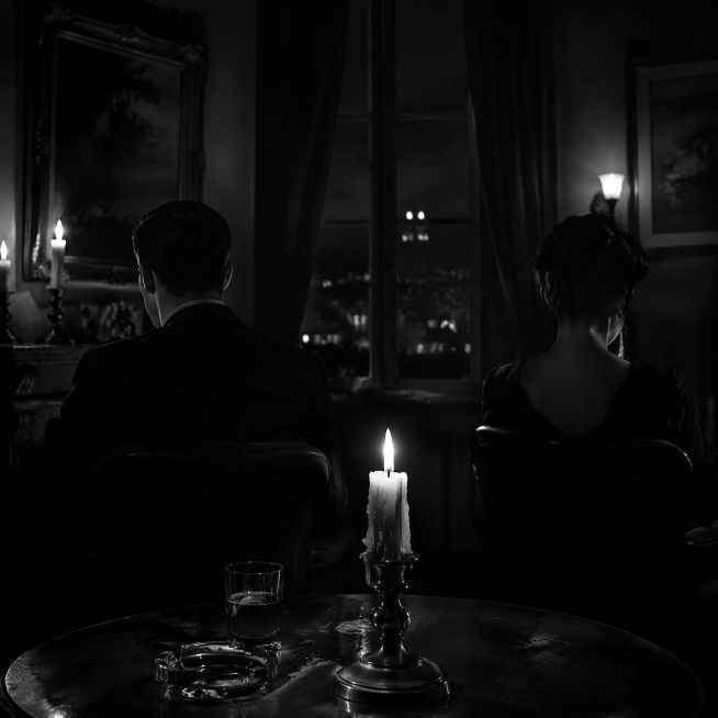 Candlelit room at night, two figures facing away, tears on candle, noir style预览效果
