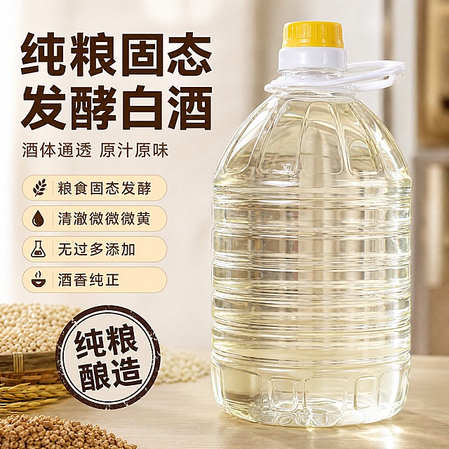 [单张主图] 大容量透明食品塑料桶装散装粮食白酒 爆款促销感主图 淘宝天猫1:1主图 同时承担点击理解信任转化 突出粮食固态发酵 酒体通透微黄 无添加纯粮风味 酒香纯正
[画面主体] 画面中央偏右放置一桶大容量透明食品塑料桶装散装粮食白酒 主体占画面约55% 产品外观与输入图完全一致 透明食品级塑料桶身带竖向波纹纹路 黄白双色瓶盖 黄色在上白色在下 白色塑料提手环扣在瓶口 桶内装大半桶白酒 酒液清澈微微泛淡黄色 酒质通透清澈 塑料桶通透质感强 酒水通透反光 真实质感 锐利对焦 高清细节 8K级细节表现
[构图版式] 采用左文右品标签参数型版式 左侧约40%区域放置主标题和卖点信息 右侧约60%为产品主体 产品居中偏右放置在干净桌面上 底部有自然接触阴影 不悬浮不穿模
[场景元素] 干净简约室内背景 柔和均匀柔光环境 干净浅色桌面无杂物 背景轻微虚化突出主体 桌面左下角可隐约看到少量粮食谷物或酒曲原料小堆作为点缀 强化纯粮酿造认知 原料不抢主体
[文案版式] 左上第一行大主标题"纯粮固态发酵白酒" 字体为粗黑体 字重厚重 深棕色字 第二行稍小副文案"酒体通透 原汁原味" 浅棕色细黑体 主标题下方排列4组卖点胶囊标签 每组为圆角浅米色底深棕字 分别为"粮食固态发酵" "清澈微微微黄" "无过多添加" "酒香纯正" 底部左侧放置一个深棕色圆印章样式标签 内有"纯粮酿造"四字 所有文字清晰可读 不遮挡产品主体 文字均为横排
[光影质感] 商业电商摄影质感 柔和均匀柔光从左上方打来 桶身塑料有通透高光 酒液内部有自然反光和折射 桌面有柔和接触阴影 整体光线均匀不生硬 产品边缘清晰 背景干净无杂物 色彩自然真实 写实高细节
[配色字体] 主色调为米白浅棕暖色调 主色深棕色 辅助色浅米色 强调色金黄色 主标题粗黑体厚重醒目 辅助文案细黑体 字号层级分明 主标题字号最大 副文案缩小50%以上 卖点标签字号中等
[比例分辨率] 1:1正方形比例 2048x2048像素 2K分辨率 文字清晰可辨 产品细节锐利
[负向提示词] 禁止变形 禁止错字糊字 禁止水印 禁止平台Logo 禁止主体模糊 禁止背景杂乱 禁止塑料桶结构错误 禁止瓶盖颜色错误 禁止酒液颜色过深 禁止多余杂物 禁止悬浮感 禁止人物 禁止畸形手 禁止低清晰度