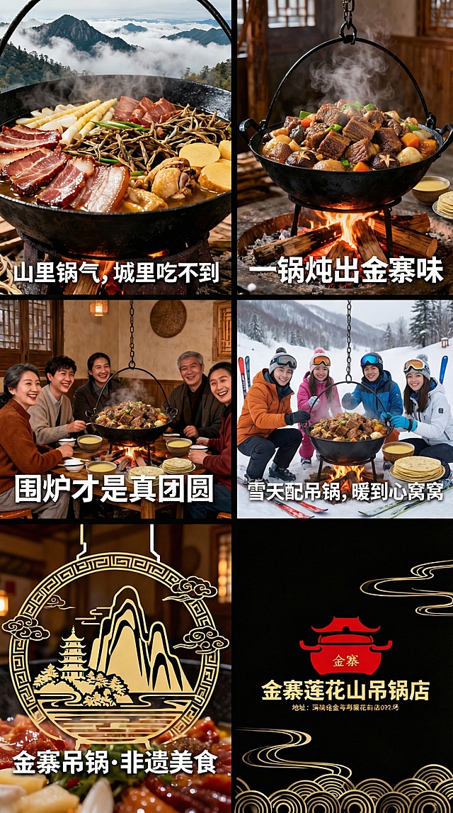 锅里的肉更饱满一些 搭配小米酒和摊饼，人物换成滑雪的年轻人 旅游客群