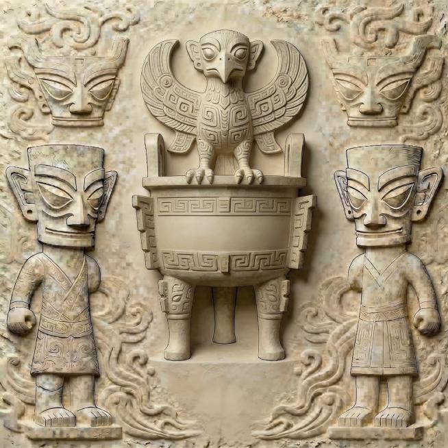 保留当前对称三星堆浅浮雕构图和鼎上方青铜神鸟，移除青铜鼎腹部的青铜面具，修改为素面或装饰简单古蜀回纹的完整青铜鼎，保持整体浅浮雕质感，线条清晰层次分明，风格统一适配雕刻预览效果