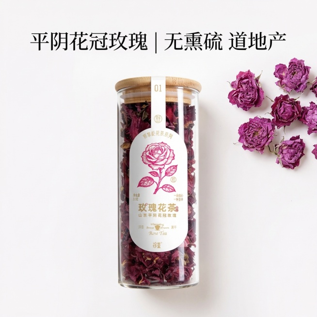 抖店电商主图，平阴花冠玫瑰，极简风格：纯净米白色背景，玻璃罐产品居中放置，右上角点缀几朵干玫瑰花，顶部文字'平阴花冠玫瑰 | 无熏硫 道地产'，文字采用优雅宋体，整体干净高级，突出产品质感。预览效果