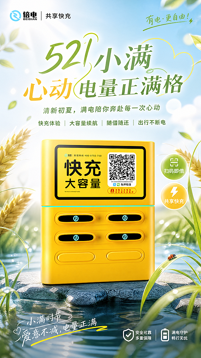 基于图中的黄色倍电共享充电宝产品，制作一张521小满节日的海报，整体风格清新夏日，融入小满节气元素，保留共享充电宝快充大容量的卖点，添加节日主题文案，适合商业推广