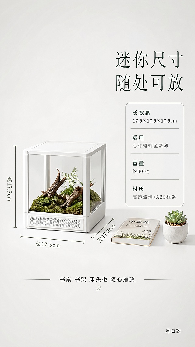 [商品] 使用【图5】月白款（白色）螳螂饲养箱；保留方正立方体结构、四面玻璃、底部正面通风孔、白色哑光框架，与原图完全一致；箱内有苔藓造景。
[画面] 详情页第8张·尺寸规格，目标展示桌面迷你尺寸17.5cm长宽高；左图右文+尺寸标注构图，左侧产品主体带三维尺寸线，右侧文字参数；产品占画面约45%，正面微侧20°等轴测视角，9:16竖版；浅灰白色纯净背景，柔和漫射光；产品周围有三条尺寸引线：高度方向标注「高17.5cm」，长度方向标注「长17.5cm」，宽度方向标注「宽17.5cm」；右侧有一本32开小书和一个迷你多肉盆栽做尺寸参照。
[视觉] 套系策略：风格=自然博物轻奢风；标题字=纤细宋体；正文字=细黑体；主色=深墨绿；背景延展=基于浅灰白做干净极简质感；强调色=深墨绿色；标题色=深墨绿色；正文色=深灰色；组件=细线尺寸标注、圆角参数卡片；光影=顶部柔和漫射光，产品立体感强，底部有柔和投影。
[文字] 右上部主标题「迷你尺寸 随处可放」，下方参数卡片列出：「长宽高 17.5×17.5×17.5cm」「适用 七种螳螂全龄段」「重量 约800g」「材质 高透玻璃+ABS框架」；底部一行小字「书桌 书架 床头柜 随心摆放」；右下角极小深灰字标注「月白款」。
[规格] 图片比例9:16竖版，4K，避免变形、错字、模糊、杂乱、水印、平台Logo；尺寸线标注清晰准确，参照物比例真实。