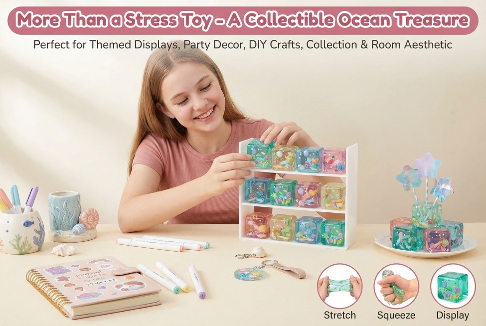 严格还原产品细节，包括5cm×5cm正方体造型、透感湖绿色水晶外壳、内嵌海洋贝壳、海星、小鱼立体元素、星星镭射闪片等所有细节，产品尺寸比例精准还原，多巴胺莫兰迪色系为主，整体色调统一和谐，活泼精致有质预览效果