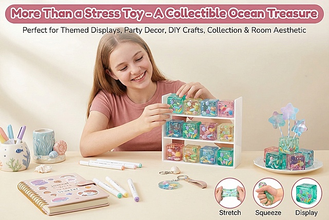 严格还原产品细节，包括5cm×5cm正方体造型、透感湖绿色水晶外壳、内嵌海洋贝壳、海星、小鱼立体元素、星星镭射闪片等所有细节，产品尺寸比例精准还原，多巴胺莫兰迪色系为主，整体色调统一和谐，活泼精致有质感，适配美国亚马逊详情页的欧美商业摄影风格，高清8K，柔光自然，杂志级精致排版，目标市场美国。画面场景为美式少女心ins风桌面，莫兰迪奶白色桌面，摆放着透明亚克力收藏展示柜，柜子里整齐排列着多色同款海洋方块产品，旁边是手账本、贴纸、马克笔、海洋主题装饰摆件，画面中心是16岁白人少女，正拿着产品布置自己的主题展示架，脸上带着开心的笑容，画面中心清晰展示产品的精致细节，旁边还有用产品做的派对桌面装饰、手工DIY钥匙扣的成品展示。画面顶部通栏设置圆润加粗无衬线英文主标题"More Than a Stress Toy - A Collectible Ocean Treasure"，主标题下方设置小号圆润无衬线英文副标题"Perfect for Themed Displays, Party Decor, DIY Crafts, Collection & Room Aesthetic"，文字采用莫兰迪玫粉色，搭配细银线装饰边框，画面底部展示3种创意玩法的小图标，整体采用上图下文的沉浸式排版，解锁产品的全新玩法，是之前所有内容未覆盖的差异化卖点。负面提示：画面模糊、产品变形、颜色失真、杂乱的桌面场景、低分辨率、水印、文字拼写错误、模特表情僵硬、产品细节缺失、比例失调、产品被遮挡、阴暗光线、过度夸张的特效、不符合美国青少年审美的元素