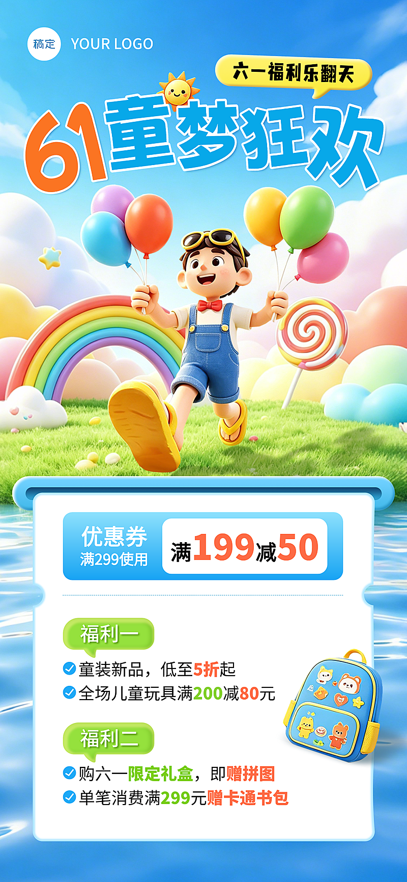 61儿童节节日营销消费满赠活动童趣风全屏竖版海报