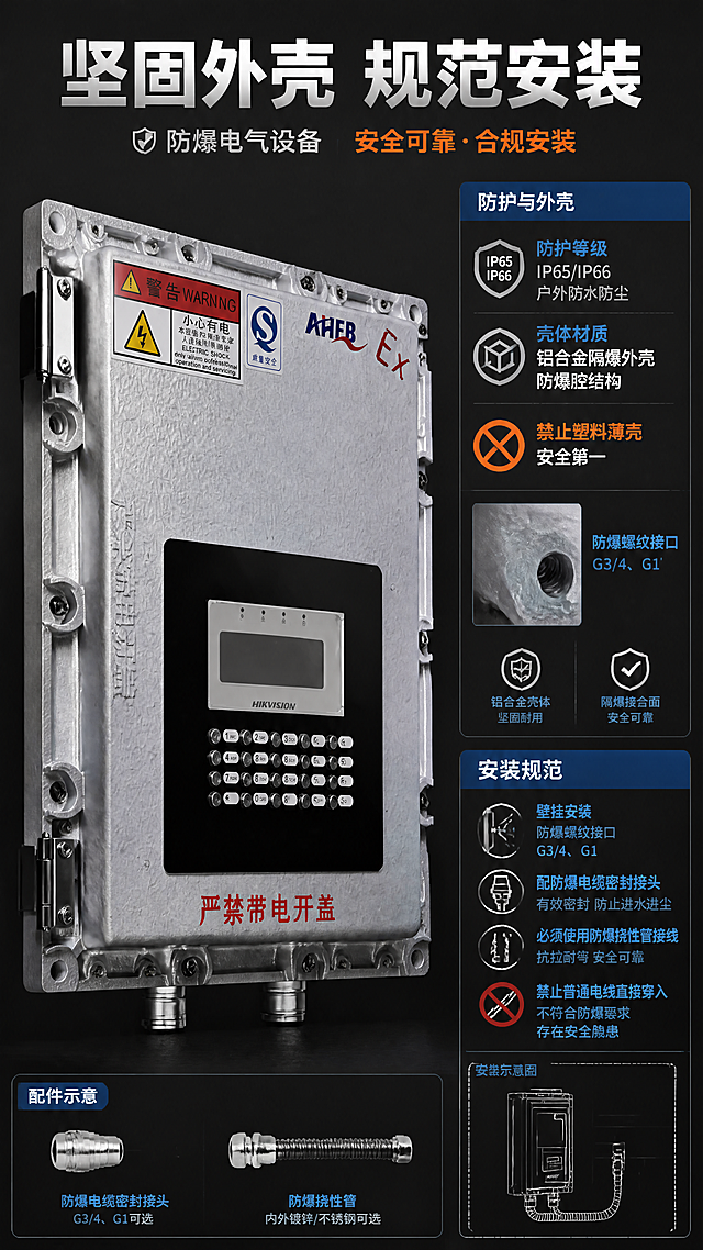 [第7张] 防护外壳与安装规范页-结构细节与安装要求。本张使用【图1】产品外壳细节特写，展示铝合金壳体、防爆螺纹接口等结构，保持产品外观一致。
[氛围/风格] 工业结构解析风，金属质感强烈，专业严谨，突出工艺细节。
[元素布局] 画面左侧为产品45度斜侧视角大图，占比约50%，展示铝合金隔爆外壳、螺栓、合页、防爆接口等细节；右侧为上下两个信息区，上区讲防护等级与壳体材质，下区讲安装规范；配有防爆电缆密封接头、挠性管等配件示意图。
[光影质感] 侧光照明突出铝合金壳体的金属纹理和厚重感，螺栓和接口处有清晰高光，底部有自然投影。
[配色色系] 全局底色 #1A1A1A 深灰；主色银灰金属色；辅助色工业蓝 #0D47A1、警示橙 #FF6F00。
[视角构图] 左右分栏，左侧产品大图 + 右侧信息区，阅读动线从左产品到右信息。
[文字版式] 顶部主标题「坚固外壳 规范安装」；右上区标题「防护与外壳」，内容：「防护等级 IP65/IP66 户外防水防尘」「壳体 铝合金隔爆外壳 防爆腔结构」「禁止塑料薄壳 安全第一」；右下区标题「安装规范」，内容：「壁挂安装 防爆螺纹接口 G3/4、G1」「配防爆电缆密封接头」「必须使用防爆挠性管接线」「禁止普通电线直接穿入」；配安装示意图和配件图标。
[比例分辨率] 9:16 竖版比例，4K 分辨率，文字清晰可辨，高清画质。
[负向提示词] 产品变形，缺件错件，结构错误，颜色偏差，水印，文字错乱，文字过小，产品图模糊，塑料质感。