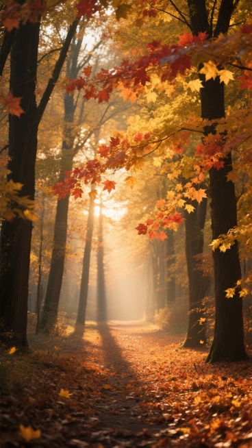 秋日林间小径，两侧高大树木枝繁叶茂，金黄与橙红色的枫叶挂满枝头，部分叶片随风飘落，地面铺满厚厚的落叶，呈现出温暖的秋季氛围。光线为柔和的傍晚逆光，阳光从树林尽头斜射进来，在地面投下长长的树影，树叶边缘预览效果