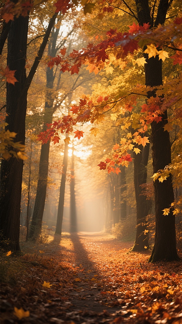 秋日林间小径，两侧高大树木枝繁叶茂，金黄与橙红色的枫叶挂满枝头，部分叶片随风飘落，地面铺满厚厚的落叶，呈现出温暖的秋季氛围。光线为柔和的傍晚逆光，阳光从树林尽头斜射进来，在地面投下长长的树影，树叶边缘被染上一层金色的光晕，整个画面笼罩在温暖而朦胧的霞光之中，营造出宁静而略带梦幻的秋日傍晚意境