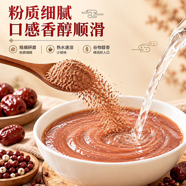 [主图-3] 粉质口感细节特写，突出精细研磨、细腻易溶、香醇顺滑的核心卖点。
[统一基调] 温润国风新中式食品商业摄影风格；背景主色=暖米白+浅木色；标题字色=正红色；辅助字色=深棕灰；强调色=枣红；标题字体=宋体衬线粗体；辅助字体=简洁无衬线体；组件=圆角浅底信息卡、细线引线、中式云纹点缀；整体暖光柔和，高级有质感。
[画面] 微距动态特写构图，主体占画面约70%；画面中央一只白瓷碗盛有冲调好的绵润五红粉糊，表面光滑有光泽，呈现自然的螺旋纹理；左上方木勺扬起细腻的红褐色粉末，粉末在空中自然飘落形成动态弧线；右侧有热水冲入碗中的流动瞬间，展示快速溶解效果；碗边点缀几颗红枣与红豆，浅米色背景干净简洁，突出粉质主体。
[光影质感] 侧逆光+前补光，突出粉末的细腻颗粒感与糊体的绵润光泽，粉质通透有层次，动态瞬间捕捉清晰，整体暖调柔和。
[配色] 主色正红+暖米白，红褐色粉质为主视觉，背景浅米白渐变，干净突出主体。
[文字版式] 左上角主标题「粉质细腻 口感香醇顺滑」，下方三行短卖点：「精细研磨 粉质细腻」「热水速溶 少结块」「谷物醇香 绵润好入口」；全部横排，标题红字粗宋，卖点深棕灰，放在画面左上负空间，不遮挡粉质主体。
[输出要求] 1:1正方形，2048×2048，2K高清；粉质真实细腻，文字清晰；负向：变形、错字、模糊、杂乱、水印、平台Logo、医疗功效、极限词、粉质不真实。