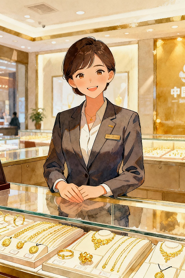 手绘黄金店柜台销售小姐姐
