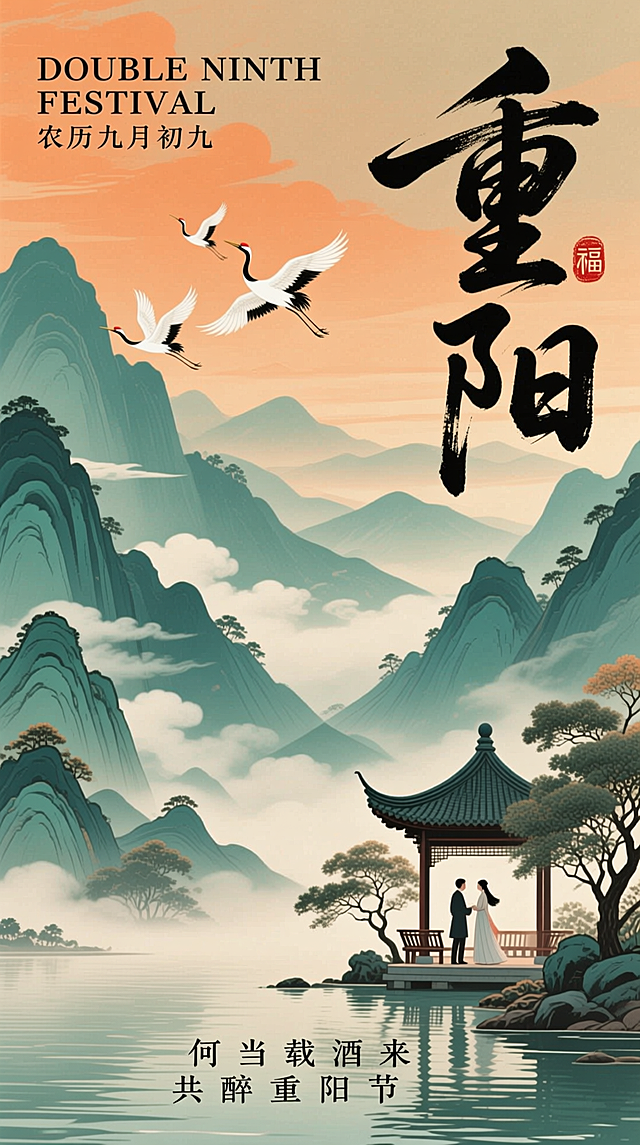 顶部英文“DOUBLE NINTH FESTIVAL”和中文 “农历九月初九”，右侧巨大的 “重阳” 书法字体，旁边的 “福”字印章，底部诗句“何当载酒来 共醉重阳节”。画面主体是山水景致，山峦层叠、云雾缭绕，仙鹤翱翔于天际，水边的古亭里有恋人重逢，岸边有树木。整体青橙色调。