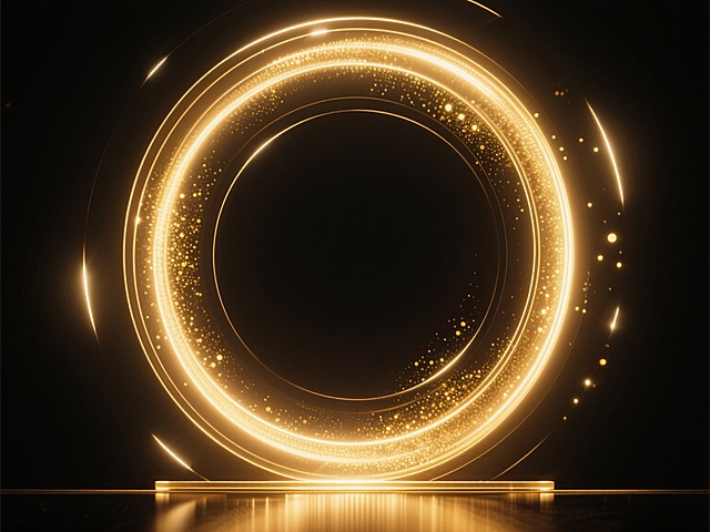 一张具有高级感的金色发光光环设计图，纯黑色干净背景，中央是一个由多层金色光带组成的圆形光环，外环光带明亮闪耀，带有细腻的光晕效果和轻微的弧光扭曲，内环光带相对柔和，光环内部点缀着细微的金色粒子和闪烁光点，底部有一道横向的金色反光条，整体光效呈现出温暖、华丽且具有科技感的氛围，光影过渡自然，光感通透，具有强烈的视觉冲击力和立体感。