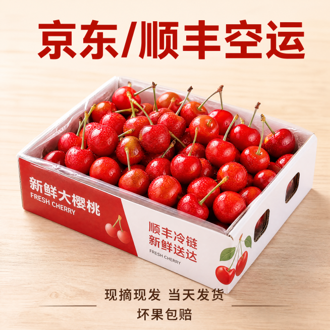 [主图-5] 顺丰空运服务承诺展示图
[氛围风格] 干净清晰，突出物流保障，让人放心
[画质] 商业生鲜摄影，清晰通透，真实高级
[元素] 满满一盒刚打包好的新鲜大樱桃，盒面露出几颗带水珠的完整樱桃，预览效果