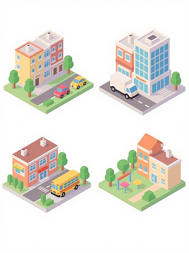 四个等大的2.5D等距投影风格社区场景插画在纯白色背景上呈田字格规整排布，每个场景均保持统一的明快卡通风格，包含多层建筑、绿色树木和彩色车辆等核心社区元素。左上角场景为住宅区视角，有错落的居民楼和小型轿车；右上角为商业区，包含玻璃幕墙写字楼和货车；左下角是学校区域，有教学楼和校车；右下角为公园社区，有低矮建筑和休闲设施，所有元素色彩鲜艳、线条平滑，整体构图平衡且细节丰富。