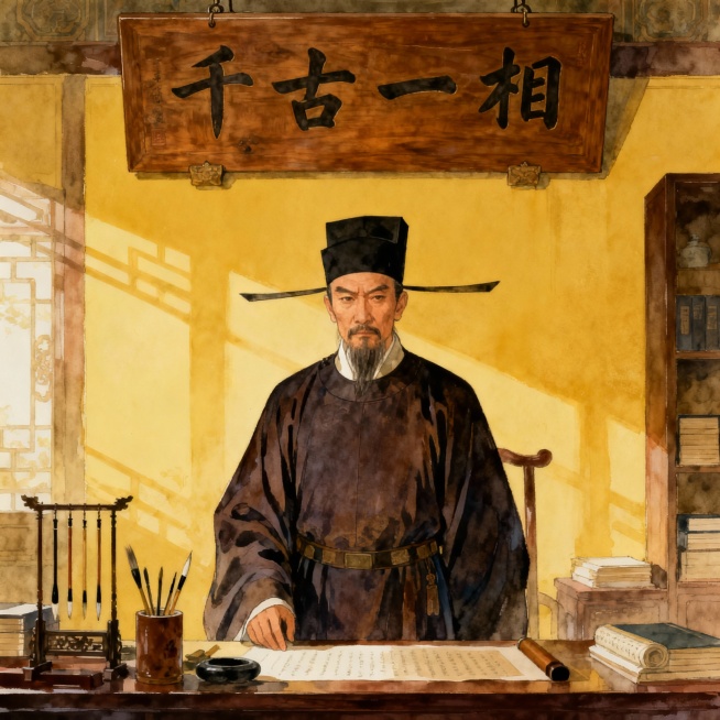 绘制一个明朝首辅张居正的高清图片，牌匾上写着千古一相预览效果