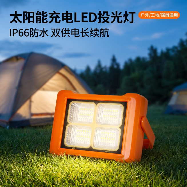 [主图 1] 户外露营场景展示太阳能充电LED投光灯。氛围风格：户外实用场景风，突出便携多功能属性；画质：商业摄影质感、光线柔和通透、产品清晰真实、画面干净高级；元素：橙色太阳能充电LED投光灯放置在预览效果