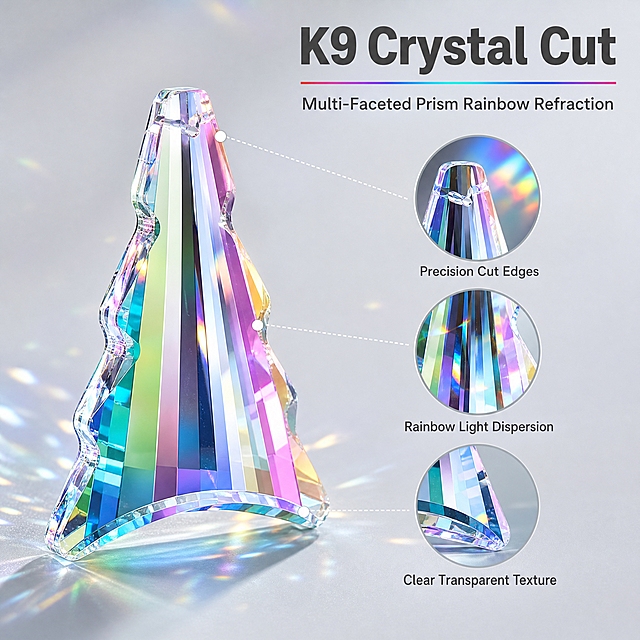 [主图-2 幻彩款] 材质工艺卖点图，唯一任务是展示K9多面切割工艺的闪耀七彩折射效果。
[统一基调] Amazon跨境1:1主图，浅灰渐变背景，冷色调高级感，英文文案，无衬线粗体标题，辅助文字小号，信息图风格克制精致。
[画面] 画面左侧为幻彩水晶圣诞树挂饰主体，45°侧视角度，占画面约50%。右侧为三个局部放大圆形特写窗口，分别展示：①顶部棱面切割细节与七彩色散光斑 ②中部多面切割的几何棱线与虹彩反射 ③底部切面的通透质感。每个放大窗口有细引线指向产品对应部位。背景为浅灰色渐变，干净不抢主体。
[光影质感] 商业摄影质感，定向光束穿过水晶产生明显彩虹折射光斑，棱面高光锐利，水晶内部通透有深度，光影层次丰富。
[配色] 浅灰渐变背景，标题深灰色，强调色用水晶折射出的虹彩色做细线点缀，整体冷调高级。
[文字版式] 右上角主标题大号粗体无衬线英文"K9 Crystal Cut"，下方副标题"Multi-Faceted Prism Rainbow Refraction"。三个放大窗口下方分别配小号英文说明"Precision Cut Edges""Rainbow Light Dispersion""Clear Transparent Texture"。文字放在负空间，不遮挡产品主体。
[输出要求] 1:1正方形，2048x2048，产品清晰，文字锐利可读，无变形、无错字、无模糊、无水印、无平台Logo。