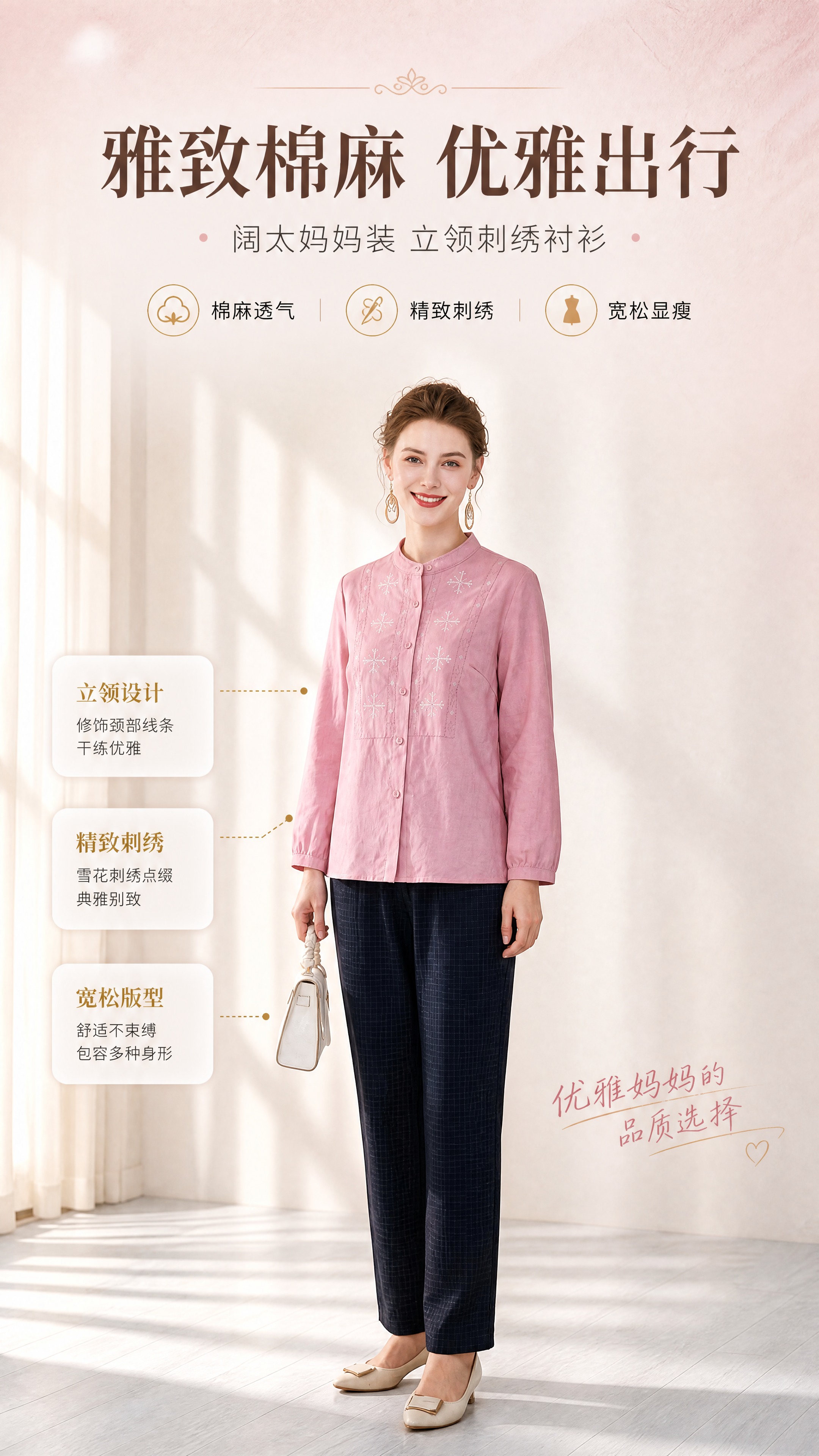 [商品] 使用【图9】模特穿着的阔太粉色棉麻立领刺绣衬衫；商品… - 图片创意预览
