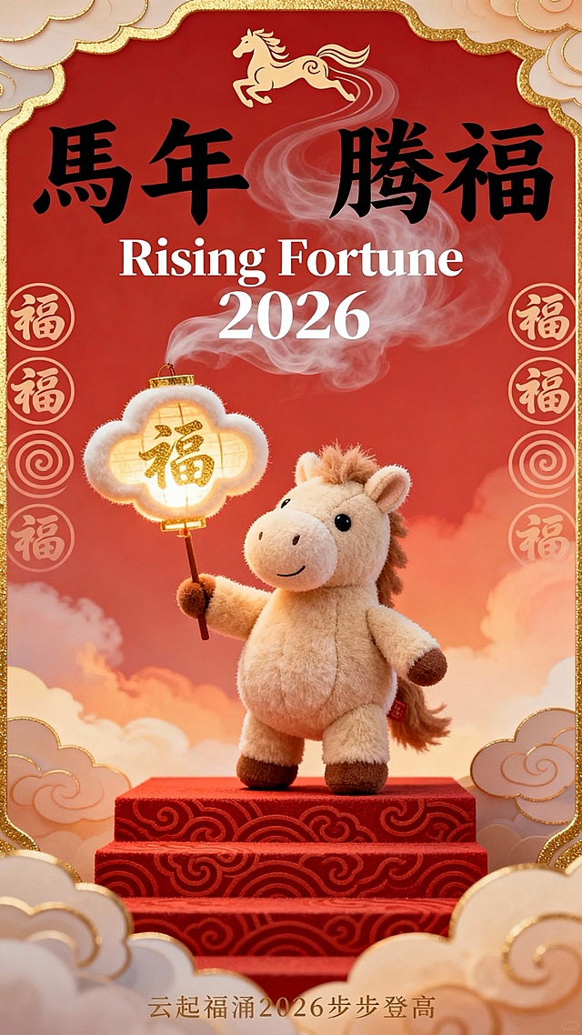 毛绒小马公仔（圆肚浅米色，神态俏皮）站立于红色祥云纹台阶，单手托举云朵形灯笼（内透“福”字金影）；背景为绯红渐变云霞，流金勾边；公仔居中偏下；画面上方浑厚黑色隶书“馬年 腾福”，中段飘绕雾白色英文“Rising Fortune 2026”，背景左右对称排列漩涡云纹“福”字，顶部缀流线型“馬”字图腾，底部隐现“云起福涌 2026 步步登高”。