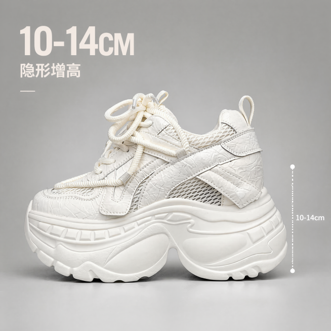 「图片1」，生成一套主图（5张），商品名称是老爹鞋，卖点是网面老爹鞋，隐形增高10-14厘米，适配淘宝/天猫平台，主图比例为1:1预览效果