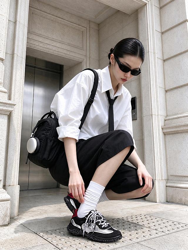 将图1和图2中的黑色拼银色、红色鞋后跟、双鞋带设计的运动鞋，穿在图3人物的脚上，替换人物原本的黑色鞋子。鞋子的颜色、材质细节、质感、款式设计完全保持不变，与原图鞋子一致，鞋子贴合脚部，透视和角度自然合理，符合蹲姿的脚部姿态。人物的服装、背包、姿态、表情、背景环境、光线、整体构图全部保持不变，画面清晰自然，真实感强，无违和感。