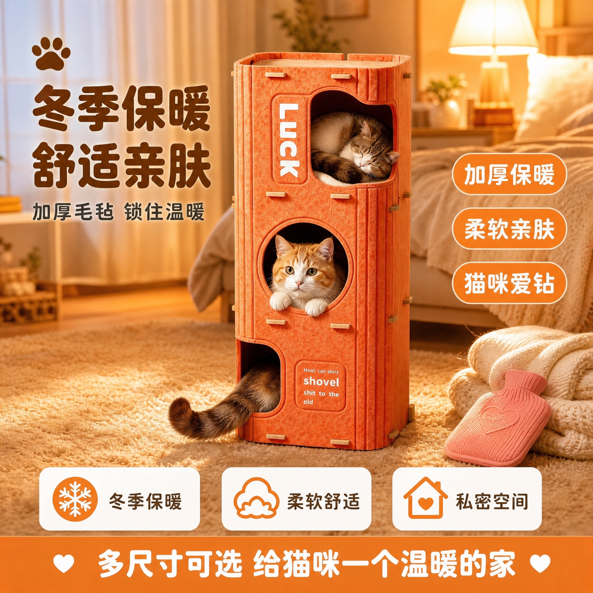 [主图-5] 冬季保暖舒适收口图，强调保暖亲肤和猫咪喜爱的使用… - 图片创意预览