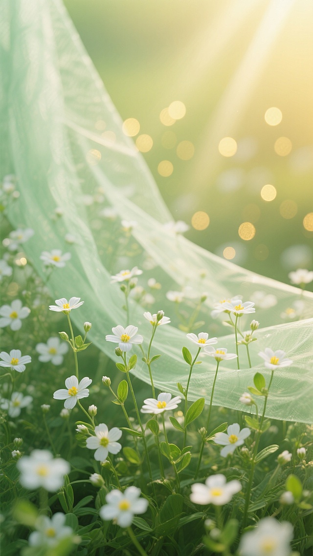 柔和梦幻的自然光摄影风格，以绿色和淡黄色为主色调，营造出清新、宁静、温暖的氛围。画面中，无数白色的小小五瓣花（花瓣中心有黄色花蕊）点缀在绿色的纤细花茎上，花茎上长着小巧的绿叶。轻盈半透明的绿色薄纱如流水般温柔地覆盖在花朵之上，纱质纹理清晰可见，增添了朦胧浪漫的质感。背景呈现出柔和的渐变效果，从左上角的淡绿色逐渐过渡到右下角的暖黄色，充满了春日的生机与柔和感。阳光从画面右上方斜射下来，形成大量金色的光斑和光晕，如同清晨或傍晚的阳光透过薄雾洒在花丛中，光影柔和，细节丰富，整体构图饱满，花背景占据整个画面，无任何文字或多余元素，给人一种纯净、自然、治愈的感觉。
