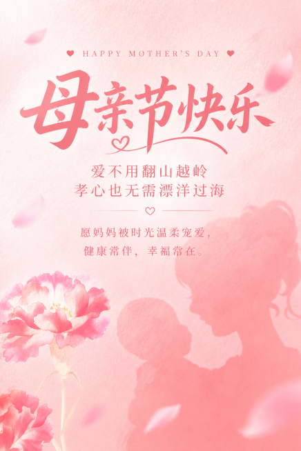 生成竖版母亲节电子屏海报，主标题：母亲节快乐，副标题：爱不用翻山越岭，孝心也无需漂洋过海，正文内容：愿妈妈被时光温柔宠爱，健康常伴，幸福常在。保留原图粉色康乃馨与母子剪影背景，风格温馨治愈，文字排版清预览效果