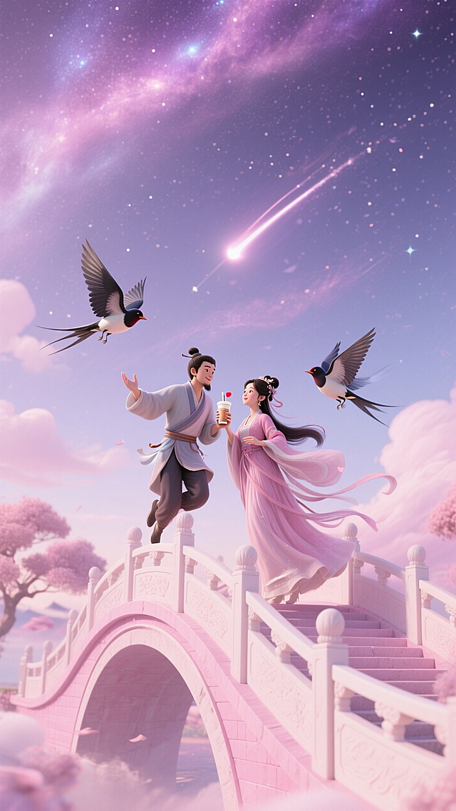粉紫色星云背景，淡粉色星空，流星划过天空，粉白色桥在半空中，2只喜鹊在桥上飞舞，牛郎织女拿着奶茶飞从桥上飞下