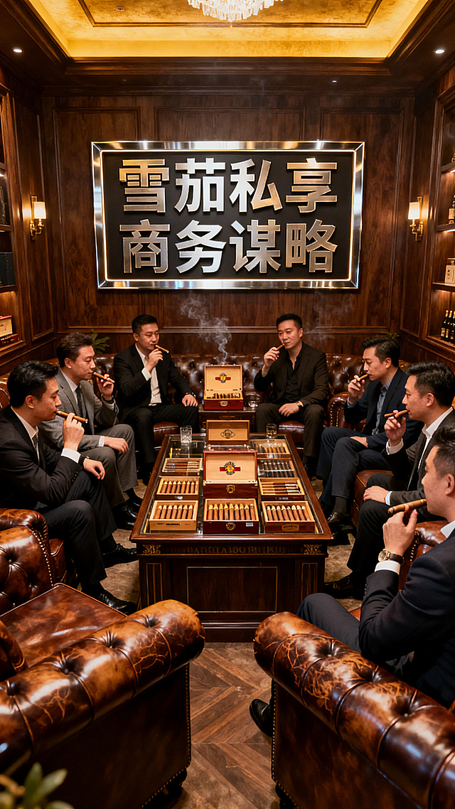 西安商务KTV雪茄主题包厢，真皮沙发搭配雪茄吧，商务人士品雪茄谈合作，搭配文字"雪茄私享 商务谋略"，无LOGO、二维码、联系方式、公司名称