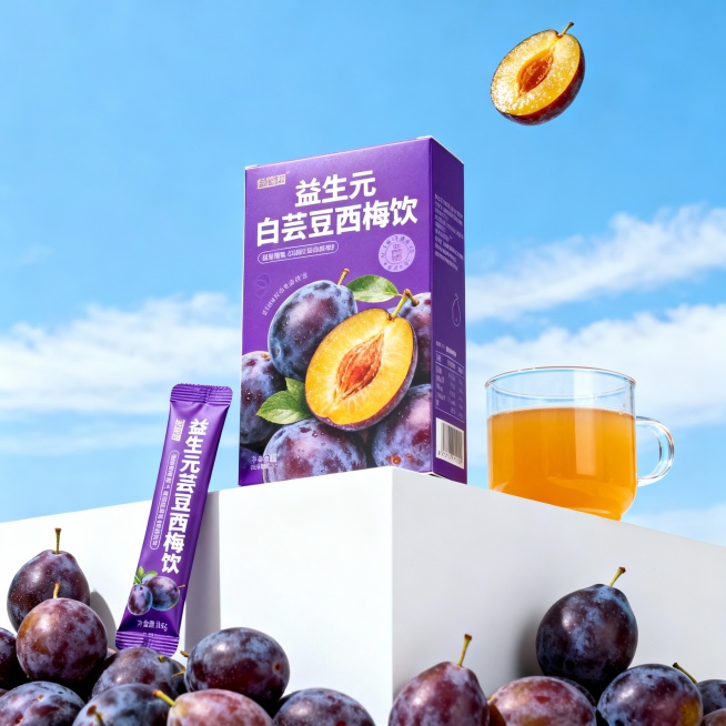 商品商业宣传图，低角度仰视视角，紫色独立小包装竖立在紫色的益生元白芸豆西梅饮包装盒的左边，包装盒右侧有一杯橙黄色西梅饮品的透明玻璃杯，独立小包装和红色包装盒和玻璃杯置于白色展台上，展台上点缀新鲜饱满的预览效果