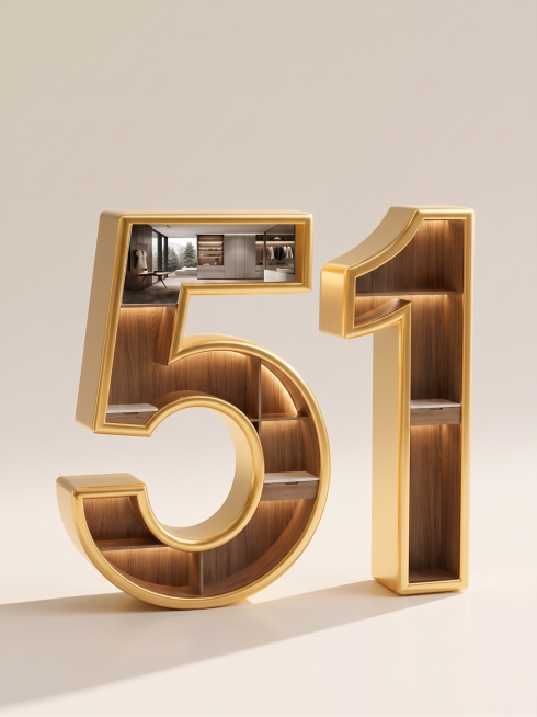 保留原金色数字51外框和浅纯色背景不变，保留数字5顶部嵌入实木定制衣柜实景图的形式，去掉所有内部工人，其余每个分隔空间都用白色木板做隔断，安装参考图样式的现代木制柜子，保持整体风格统一预览效果
