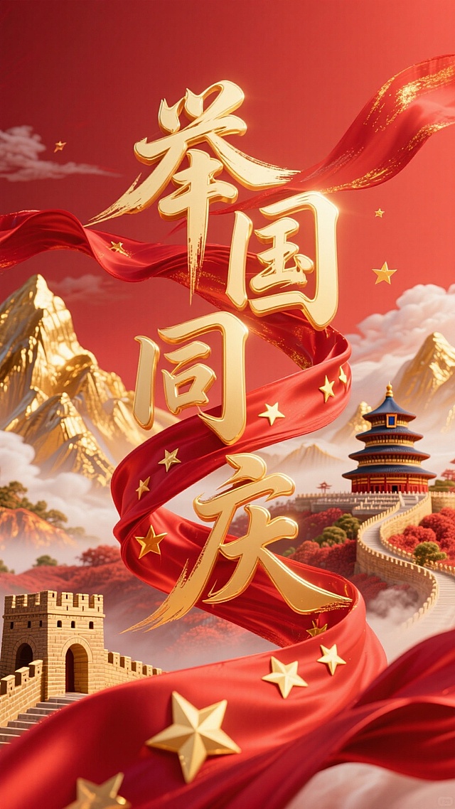 喜庆中式国潮风，鎏金大字“举国同庆”，红绸飘扬，长城天坛映衬，节日氛围浓厚。