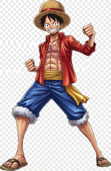 参考图2人物，生成图1人物路飞全身图，蓝色裤子。无背景。图1画风不变生成10张，无背景预览效果