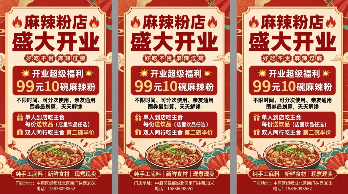 参考上传的三张竖版餐饮开业海报的风格，设计一张麻辣粉店开业活动海报，整体采用红米色中式国潮风格，使用醒目的大字标题。
大标题："🔥麻辣粉店 盛大开业🔥 好吃不贵 麻辣过瘾"
核心王牌活动："💥开预览效果